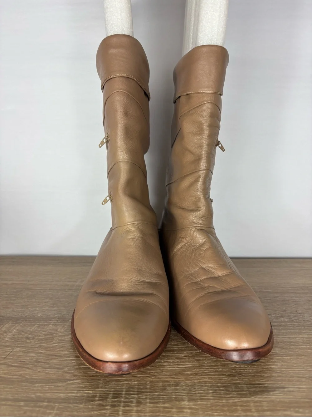 Vintage Jean Pier Clemente Leather Mid Calf Boots Mens 12D Beige Double Zip